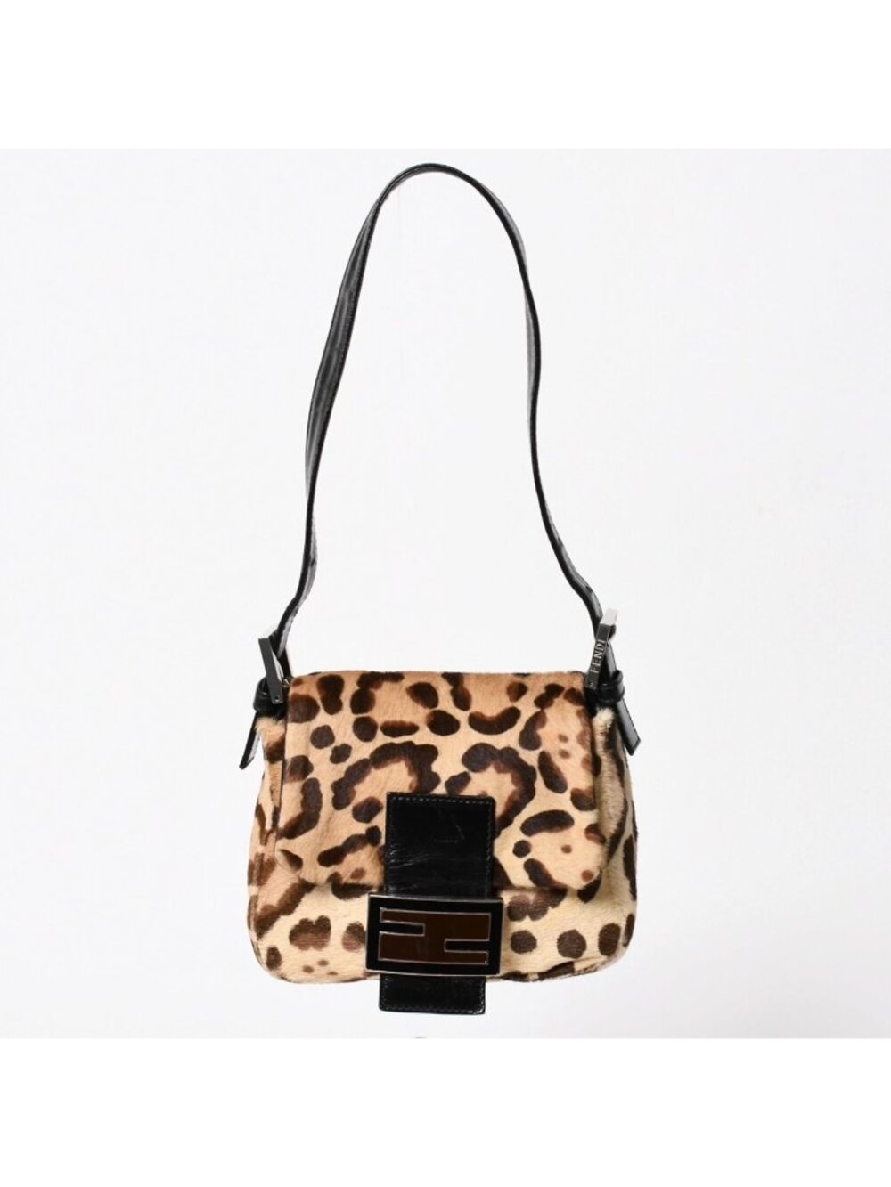 Fendi Mamma Baguette Bag Leopard Calf Hair Leather Brown Silver